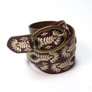 Lucky Brand Leather Belt Brown Cream Embroidery Black Beads Brushed Gold Buckle